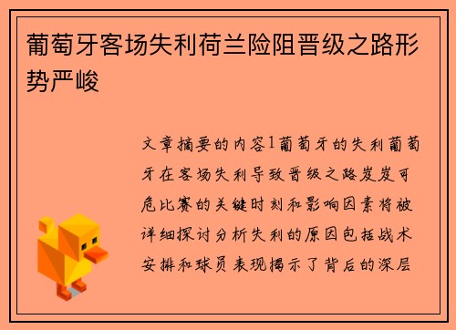 葡萄牙客场失利荷兰险阻晋级之路形势严峻